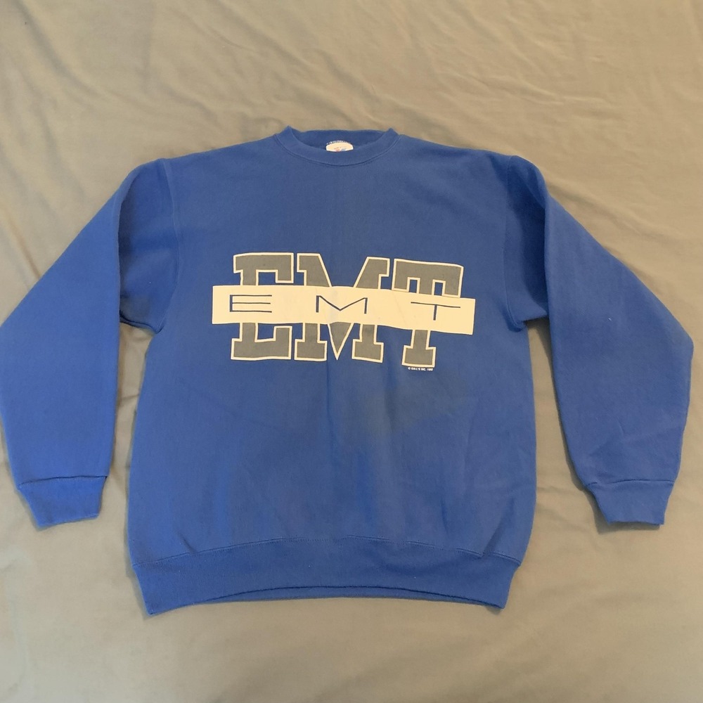 Vintage EMT Sweatshirt Mens Large Blue Crewneck Graphic‎ Jostens Made USA 80s